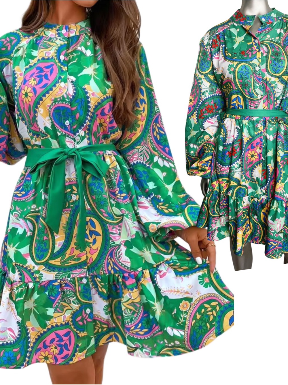 Green Paisley Tie Waist Long Sleeve Dress